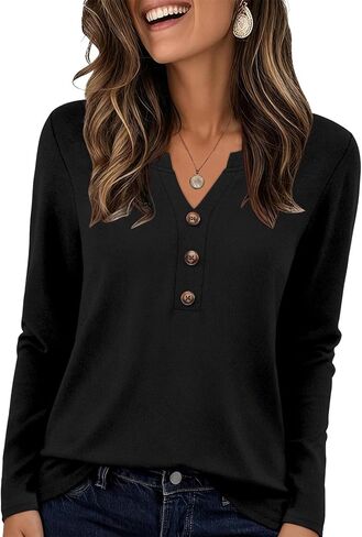 DouBCQ Women's Tops Long Sleeve V Neck Shirts Dressy Casual Blouses Trendy Basic Tunic Tees in Saudi Arabia