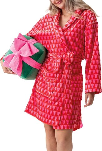 Aonoapll Women Christmas Plush Robe Holiday Graphic Long Sleeve Fuzzy Bathrobe Shawl Collar Warm Lounge Robe with Belt in Saudi Arabia