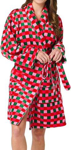 Aonoapll Women Christmas Plush Robe Holiday Graphic Long Sleeve Fuzzy Bathrobe Shawl Collar Warm Lounge Robe with Belt in Saudi Arabia