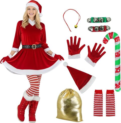 9 Pcs Mrs Claus Costume Velvet Dress Hat Gloves Santa Sack Belt Socks Inflatable Cane Christmas Party Outfit in Saudi Arabia