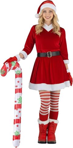 9 Pcs Mrs Claus Costume Velvet Dress Hat Gloves Santa Sack Belt Socks Inflatable Cane Christmas Party Outfit in Saudi Arabia