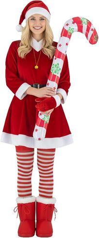 9 Pcs Mrs Claus Costume Velvet Dress Hat Gloves Santa Sack Belt Socks Inflatable Cane Christmas Party Outfit in Saudi Arabia