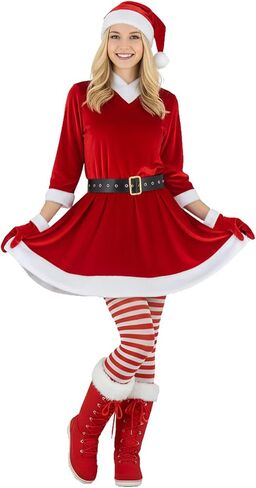 9 Pcs Mrs Claus Costume Velvet Dress Hat Gloves Santa Sack Belt Socks Inflatable Cane Christmas Party Outfit in Saudi Arabia