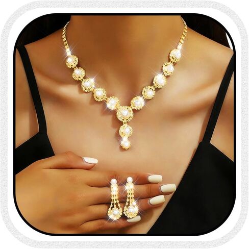 Nicute Rhinestone Pearl Bridal Wedding Jewelry Set Sparkly Crystal Necklace Earrings Set Prom Costume for Women in Kuwait