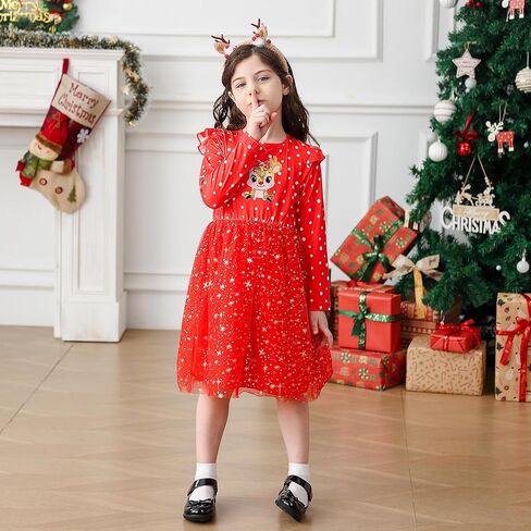 فستان تول للفتيات الصغيرات للكريسماس من التول فساتين حفلات الأميرة بأكمام طويلة ملابس عيد الميلاد من 2 إلى 6 سنوات in Kuwait