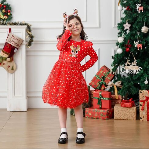فستان تول للفتيات الصغيرات للكريسماس من التول فساتين حفلات الأميرة بأكمام طويلة ملابس عيد الميلاد من 2 إلى 6 سنوات in Kuwait