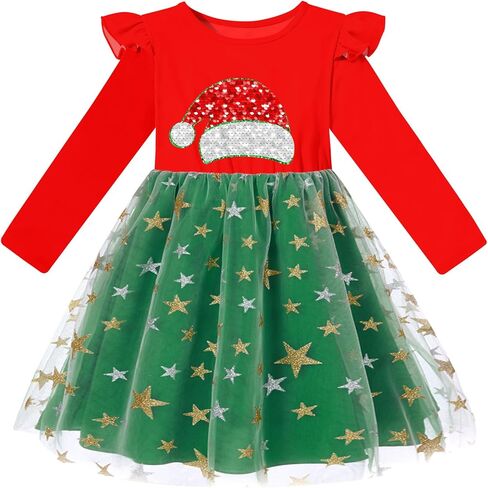 فستان تول للفتيات الصغيرات للكريسماس من التول فساتين حفلات الأميرة بأكمام طويلة ملابس عيد الميلاد من 2 إلى 6 سنوات in Kuwait