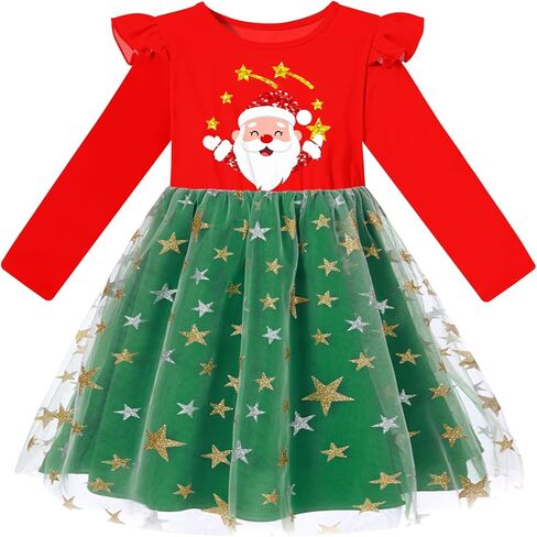 فستان تول للفتيات الصغيرات للكريسماس من التول فساتين حفلات الأميرة بأكمام طويلة ملابس عيد الميلاد من 2 إلى 6 سنوات in Kuwait