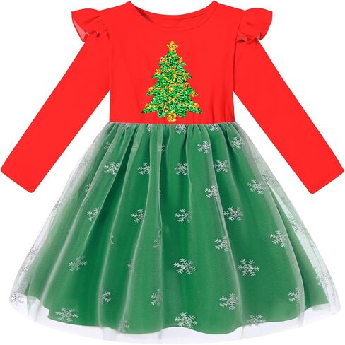 فستان تول للفتيات الصغيرات للكريسماس من التول فساتين حفلات الأميرة بأكمام طويلة ملابس عيد الميلاد من 2 إلى 6 سنوات in Kuwait