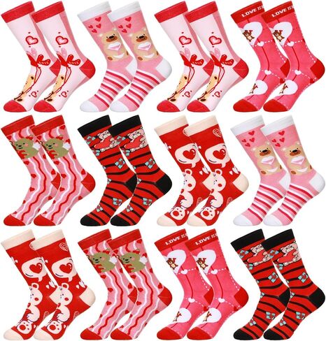 12 Pair Valentine's Day Socks for Women, Heart Love Bear Lip Cupid Rose Gift Patterned Socks for Mom Friends Sister (Bear) in Saudi Arabia