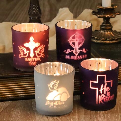 SHMILMH Easter Decorations for Religious Home Decor, He is Risen Decor Table Centerpiece, Christian Easter Decor Frosted Glass Votive Tealight Candle Holders Set of 4 in Saudi Arabia