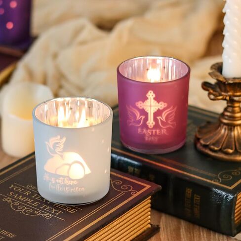 SHMILMH Easter Decorations for Religious Home Decor, He is Risen Decor Table Centerpiece, Christian Easter Decor Frosted Glass Votive Tealight Candle Holders Set of 4 in Saudi Arabia