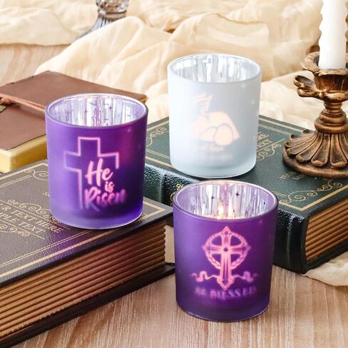SHMILMH Easter Decorations for Religious Home Decor, He is Risen Decor Table Centerpiece, Christian Easter Decor Frosted Glass Votive Tealight Candle Holders Set of 4 in Saudi Arabia