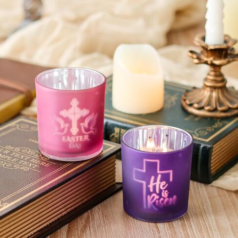 SHMILMH Easter Decorations for Religious Home Decor, He is Risen Decor Table Centerpiece, Christian Easter Decor Frosted Glass Votive Tealight Candle Holders Set of 4 in Saudi Arabia