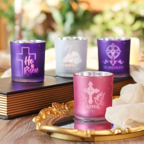SHMILMH Easter Decorations for Religious Home Decor, He is Risen Decor Table Centerpiece, Christian Easter Decor Frosted Glass Votive Tealight Candle Holders Set of 4 in Saudi Arabia