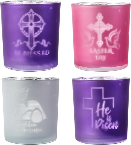 SHMILMH Easter Decorations for Religious Home Decor, He is Risen Decor Table Centerpiece, Christian Easter Decor Frosted Glass Votive Tealight Candle Holders Set of 4 in Saudi Arabia