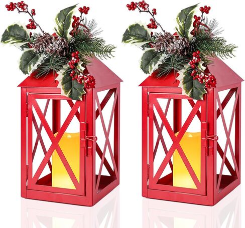 Bdor Christmas Lantern Decoration with LED Candle – Red Metal Lantern with Holly Berry and Pinecone Accents – Battery Operated Hanging or Tabletop Ornament for Christmas, Winter Holiday Decor in Saudi Arabia