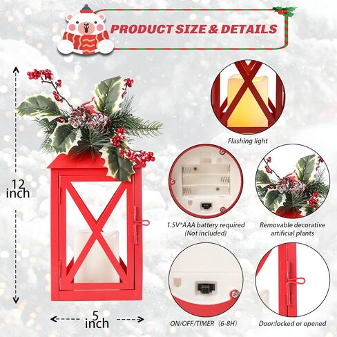 Bdor Christmas Lantern Decoration with LED Candle – Red Metal Lantern with Holly Berry and Pinecone Accents – Battery Operated Hanging or Tabletop Ornament for Christmas, Winter Holiday Decor in Saudi Arabia