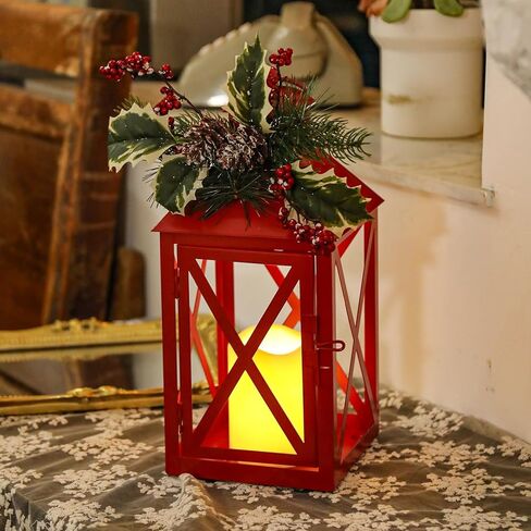 Bdor Christmas Lantern Decoration with LED Candle – Red Metal Lantern with Holly Berry and Pinecone Accents – Battery Operated Hanging or Tabletop Ornament for Christmas, Winter Holiday Decor in Saudi Arabia