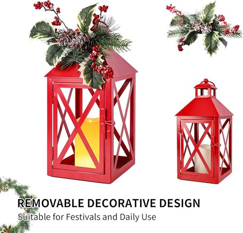 Bdor Christmas Lantern Decoration with LED Candle – Red Metal Lantern with Holly Berry and Pinecone Accents – Battery Operated Hanging or Tabletop Ornament for Christmas, Winter Holiday Decor in Saudi Arabia