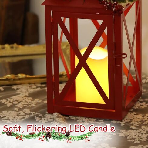Bdor Christmas Lantern Decoration with LED Candle – Red Metal Lantern with Holly Berry and Pinecone Accents – Battery Operated Hanging or Tabletop Ornament for Christmas, Winter Holiday Decor in Saudi Arabia