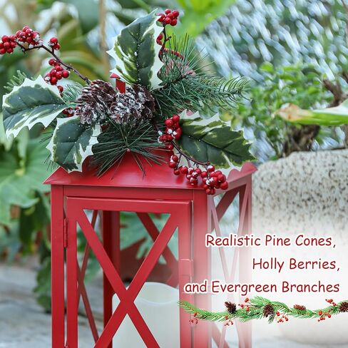 Bdor Christmas Lantern Decoration with LED Candle – Red Metal Lantern with Holly Berry and Pinecone Accents – Battery Operated Hanging or Tabletop Ornament for Christmas, Winter Holiday Decor in Saudi Arabia