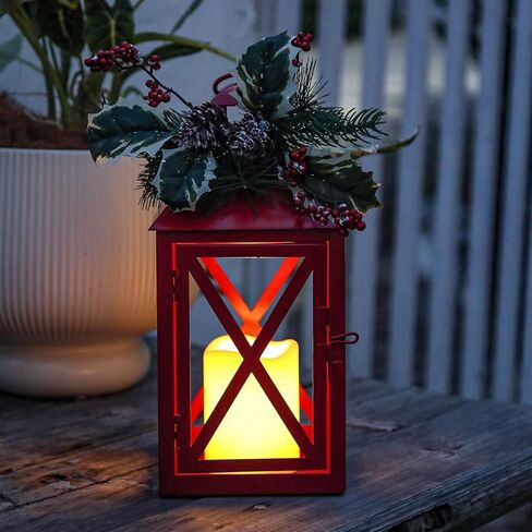 Bdor Christmas Lantern Decoration with LED Candle – Red Metal Lantern with Holly Berry and Pinecone Accents – Battery Operated Hanging or Tabletop Ornament for Christmas, Winter Holiday Decor in Saudi Arabia