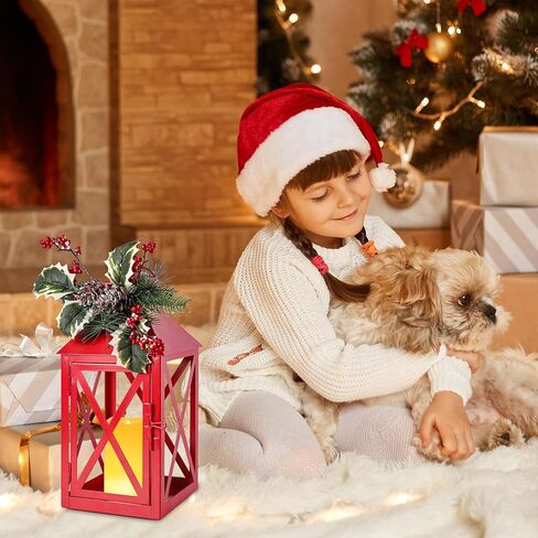 Bdor Christmas Lantern Decoration with LED Candle – Red Metal Lantern with Holly Berry and Pinecone Accents – Battery Operated Hanging or Tabletop Ornament for Christmas, Winter Holiday Decor in Saudi Arabia