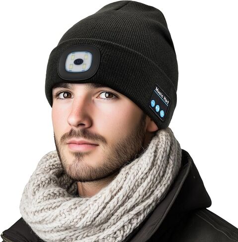 Bluetooth Beanie Hat with Light,Music Hat with Headphones and Built-in Speaker Mic,USB Rechargeable LED Headlamp Hat,Unisex Outdoor Sport Knit Hat Black in Kuwait