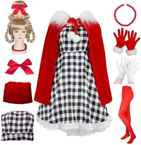8PCS Women Costume Adult Halloween Christmas Costume Plaid Dress with Red Velvet Cape Wig Accessories in Saudi Arabia