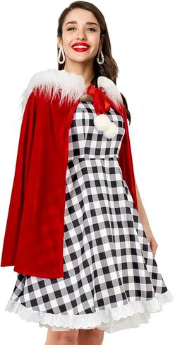 8PCS Women Costume Adult Halloween Christmas Costume Plaid Dress with Red Velvet Cape Wig Accessories in Saudi Arabia