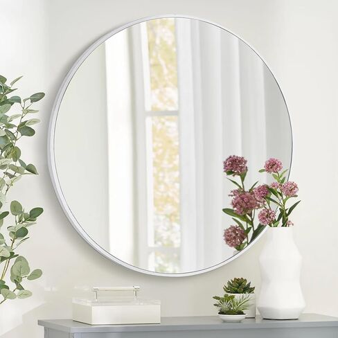 Round Wall Mirror 24 Inch, White Framed Circle Mirrors for Bathroom, Bedroom,Living Room or Entryway(White) in Saudi Arabia