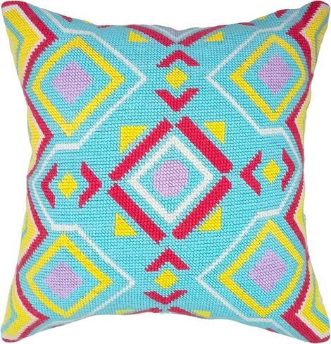 Howie's Needlepoint Needlepoint Kits for Adults, Pillow Front Cross Stitch Kit with Embroidery Pattern on Canvas, Yarn, 2 Needles and Instruction, 16 x 16inch(Colourful Geometry) in Kuwait