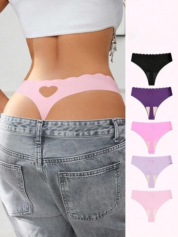 Thong 5 Pack for Women, Heart Cutout Scallop Edge Seamless Underwear, Low Rise Comfy Panty Multipack in Saudi Arabia