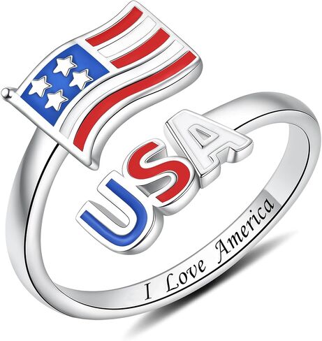 Independence Day Gifts - 925 Sterling Silver Adjustable American Flag Ring Patriotic Ring for Women in Kuwait