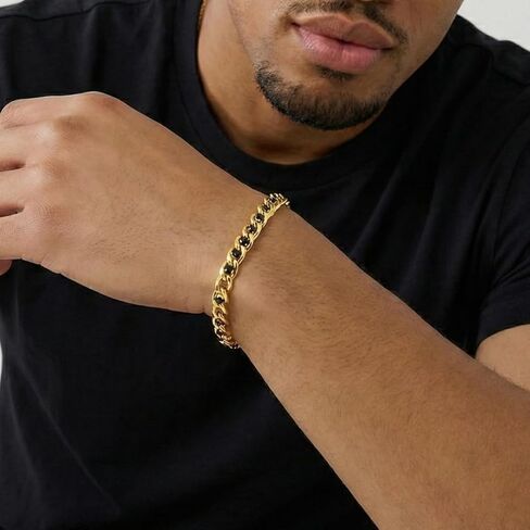 True Religion Black Cubic Zirconia 9 Inch Long Curb Chain Bracelet for Men 14K Yellow Gold Plated Brass in Saudi Arabia