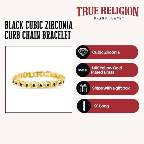 True Religion Black Cubic Zirconia 9 Inch Long Curb Chain Bracelet for Men 14K Yellow Gold Plated Brass in Saudi Arabia