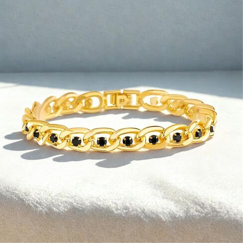True Religion Black Cubic Zirconia 9 Inch Long Curb Chain Bracelet for Men 14K Yellow Gold Plated Brass in Saudi Arabia