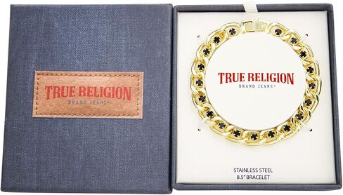 True Religion Black Cubic Zirconia 9 Inch Long Curb Chain Bracelet for Men 14K Yellow Gold Plated Brass in Saudi Arabia