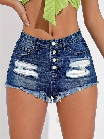Women's Summer Denim Shorts Mid-Rise Ripped Button Jean Shorts in Saudi Arabia