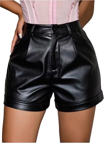 WDIRARA Women's Faux Leather Shorts High Waisted Straight Leg Y2k Shorts with Pockets in Saudi Arabia