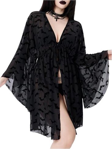 WDIRARA Women's Goth V Neck Tie Front Kimono Lightweight Cardigan Cover Up Kimono in Saudi Arabia