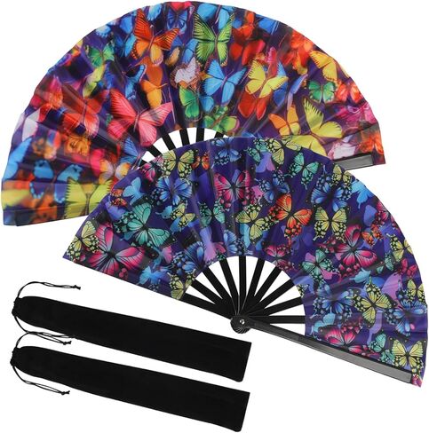 2 حزمة كبيرة قابلة للطي مروحة اليد الهذيان مروحة مع أكياس، الرجال / النساء الصيف Clack مروحة محمولة لمهرجان الموسيقى، خط الرقص، الأداء، هدية، ديكورات المنزل (الفراشة) in Kuwait