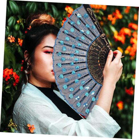 Elegant Embroidered Peacock Pattern Handheld Oriental Hand Fan with Sequins for Dance Cosplay Weddings and Home Decoration Retro Style Hand Fan in Saudi Arabia