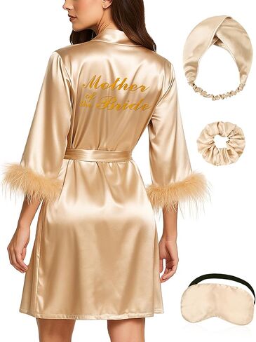 EPLAZA Bride Robe for Wedding Day Bridal Robes Feather Trim Satin Kimono Robe Bachelor Party Getting Ready Outfits in Saudi Arabia
