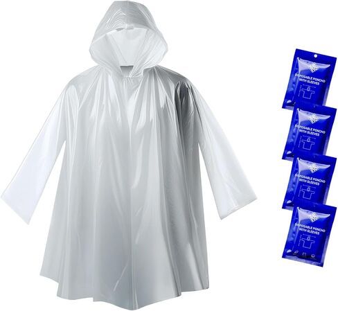 ZENO Disposable Rain Ponchos for Adults - Clear Ponchos with Sleeves & Hood, Compact and Clear, Emergency Poncho - Rain Poncho - Ponchos Adult - Travel Rain Poncho Hiking, Camping - (Pack of 4) in Kuwait