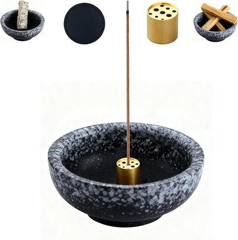 Japanese Ceramic Incense Burner, Handmade Zen Incense Holder with 9-Hole Brass Stick Holder, Ash Catcher Bowl for Meditation, Smudging, Aromatherapy, and Home Decor in Saudi Arabia