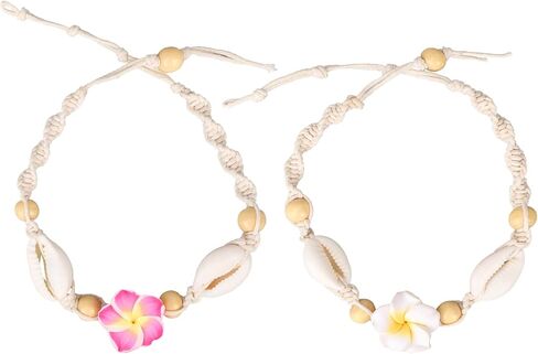 2pcs Hawaiian Plumeria Rubra Anklets, Adjustable Tropical Flower Friendship Bracelets Shell Bohemian Luau Foot Jewelry Gifts & Women Summer Beach Party Decoration Accessories in Saudi Arabia
