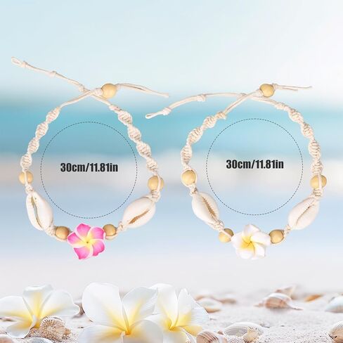2pcs Hawaiian Plumeria Rubra Anklets, Adjustable Tropical Flower Friendship Bracelets Shell Bohemian Luau Foot Jewelry Gifts & Women Summer Beach Party Decoration Accessories in Saudi Arabia