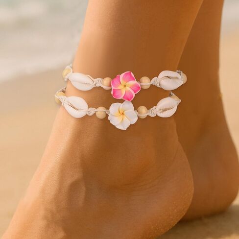 2pcs Hawaiian Plumeria Rubra Anklets, Adjustable Tropical Flower Friendship Bracelets Shell Bohemian Luau Foot Jewelry Gifts & Women Summer Beach Party Decoration Accessories in Saudi Arabia
